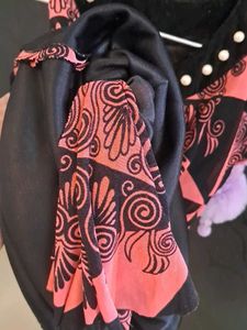 Fancy, Printed,Black N Pink Velvet-Chiffon Top