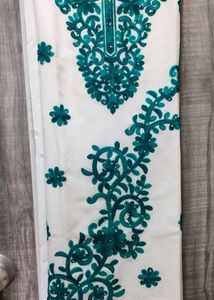 White And Green Embroidered Dress Material