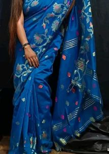 Blue Jamdani Soft Saree with blouse Piece
