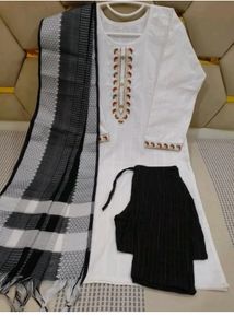 White Kurti Set with Black Dupatta & Pants