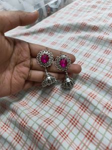 Silver Megenta Pink Stone Jhumka Earrings