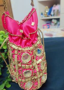 Pink &amp; Gold Beaded Potli Bag
