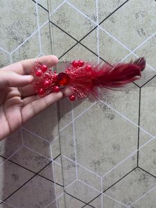 Red Beaded & Feather Hair Clip