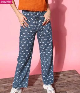 Trendy Bow Print Denim Jeans