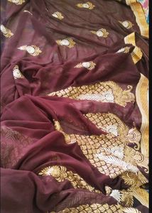 Embroidered marron Saree attach bouse Pisce