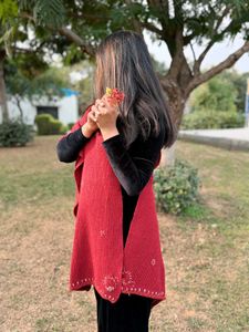 Red Embroidered Knit Shawl