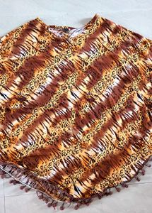 Animal Print Poncho with Pom-Pom Trim