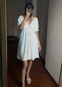 NEW LOOK Off White Crinkle-Cotton Frill Mini Dress
