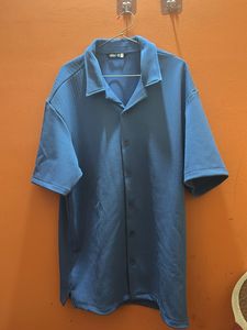 Blue Ribbed Button-Down Shirt
