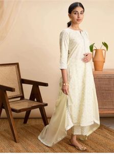 Elegant Cream Printed Kurti Plazo Set