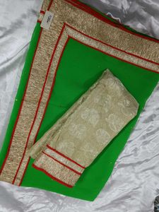 Green Soft Chiffon Saree with Red &amp; Gold Border
