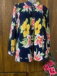 Dark Blue Digital Printed Crush Pleated Shirt