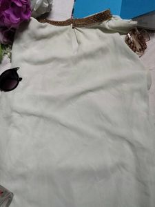 Elegant White Chiffon Top with Gold Studded Collar