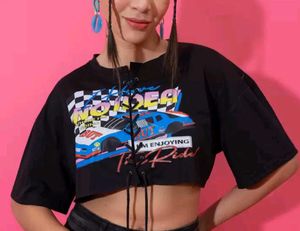 Graphic Print Lace-Up Crop Top