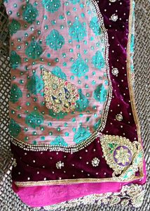 Heavy Women Cyan And Pink StoneWork Saree