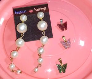 Pearl Drop Earrings & Butterfly Pendants