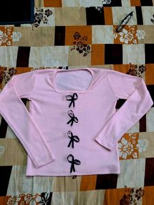 Squeare Neck Pink Long Sleeve Top with Bows