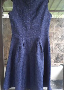 Navy Blue Textured Fit &amp; Flare Dress