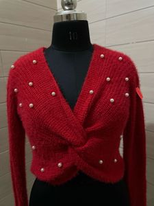 NO Boundaries knit red Pearl sweater for women