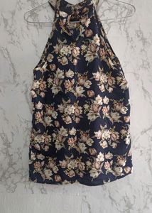 Halter Neck Floral Print Blue Top