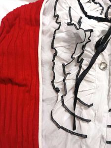 Red Cardigan with Ruffle Detail Vintage Look