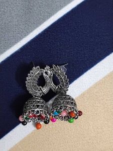 Silver Peacock Jhumka Earrings