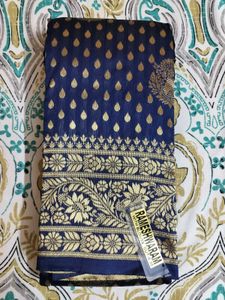 unused Elegant Navy Blue Banarasi Saree