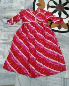 Aaliyah Cut Red & Pink Bandhani Frock