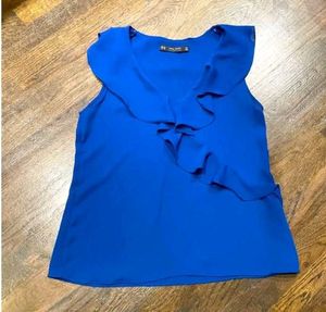 ZARA Blue Ruffle V-Neck Top