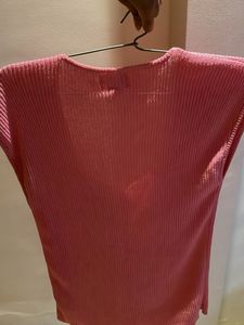 Coral Ribbed Button-Down Top