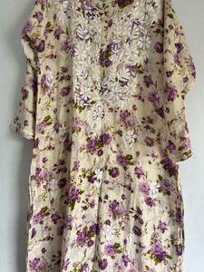 Floral Printed Lavender White Chikankari Lucknowi