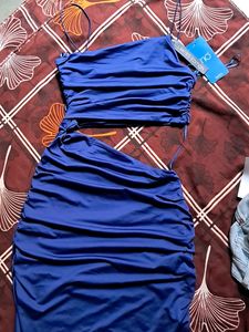 Blue Bodycon Onepiece  With Slit
