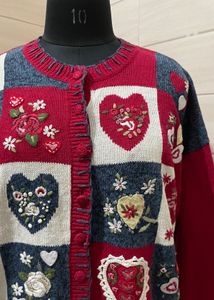 Vintage y2k Embroidered Red Hearts Rose Applique C