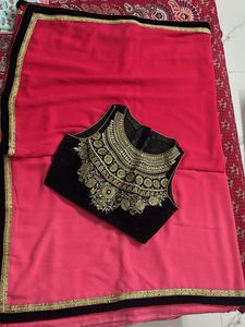 Elegant Pink &amp; Black Embroidered Saree