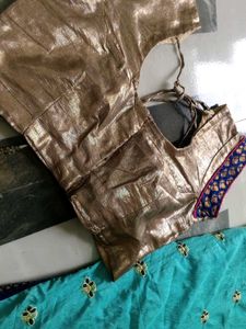 Teal &amp; Gold Sari Fabric with Blouse