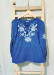 Grey Embroidery Work Cotton Top Size-40