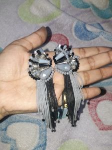 grey black chained beaded long earning