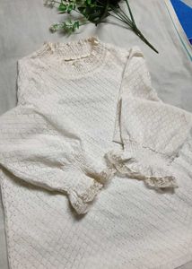 White Lace Trimmed Long Sleeve Top