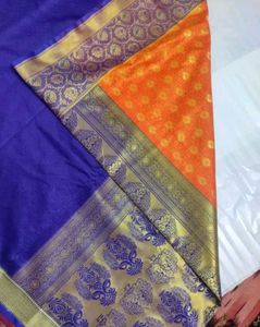 Elegant Dark Orange And Blue Silk Banarasi Sare
