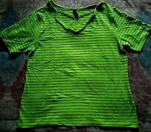 Neon Green Striped V-Neck Tee