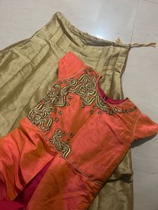 Elegant Worked Top With Front Slit &amp; Golden Skirt
