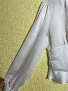 White Tie-Neck Ruffle Blouse