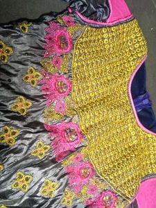Pink &amp; Navy Embroidered Lehenga Skirt