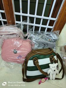 Striped &amp; Textured Bag with Teddy Charm