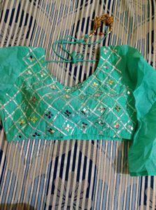 Mint Green Embroidered Blouse With Lehenga