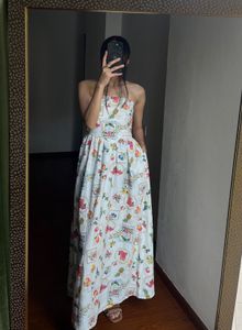 Tropical Fruit  Print Strapless Cotton Midi Dress