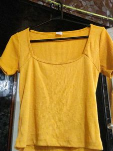 Mustard Yellow Ribbed Square Neck Top