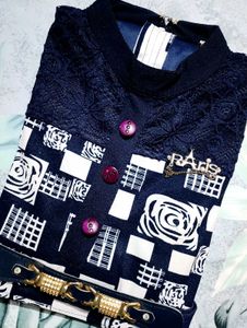 Abstract Printed Navy Blue Dress with Belt