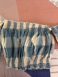 Off-Shoulder Blue Checkered Top