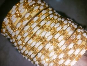 Cream, Golden White Work On Bangles